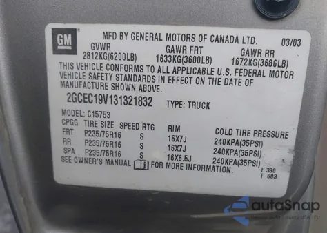 2003 Chevrolet Silverado 1500 Ls from USA, damaged, VIN 2GCEC19V131321832